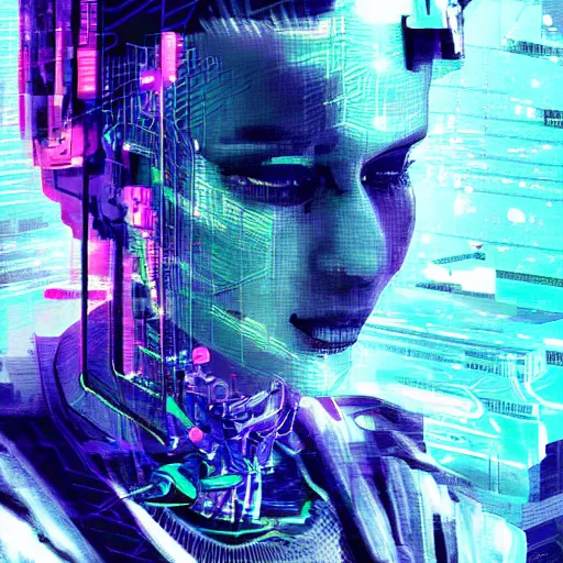 Image similar to glitch art of a cyberpunk cybernetic youtuber trending on artstation deviantart pinterest photorealistic hd 8 k highlights and shadow detailed high resolution