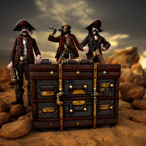 Prompt: steampunk pirates standing around a treasure chest ,highly detailed, 4k, HDR, award-winning, artstation, octane render