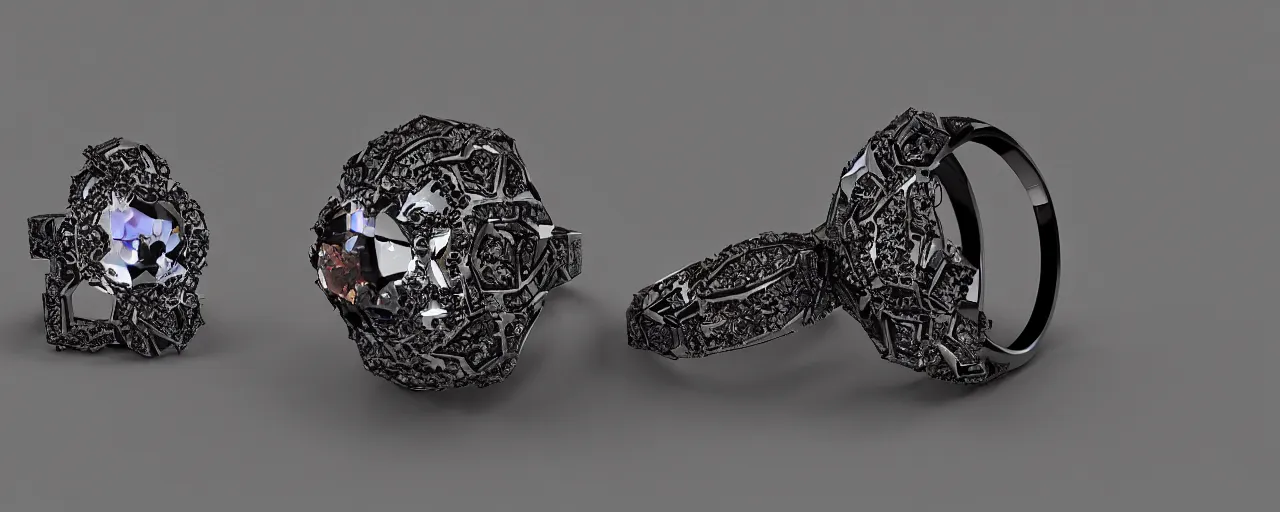 Image similar to black magic crystal ring, fire, flame, crystal, engravings, diamonds, product design, jewelry, colorful, art by gerald brom, greg rutkowski and artgerm, photo realism, unreal engine, c 4 d