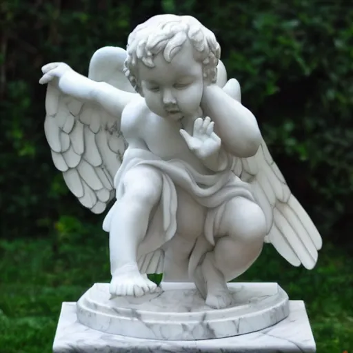 Image similar to marble angel statue with puffed cheeks breathing fire, realistic