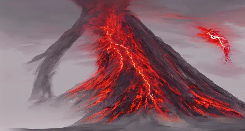 Prompt: a volcano made of ivory vines and crimson rocks enters in eruption, it spits a smoke in the shape of demonic eye, by D&D Concept Artists