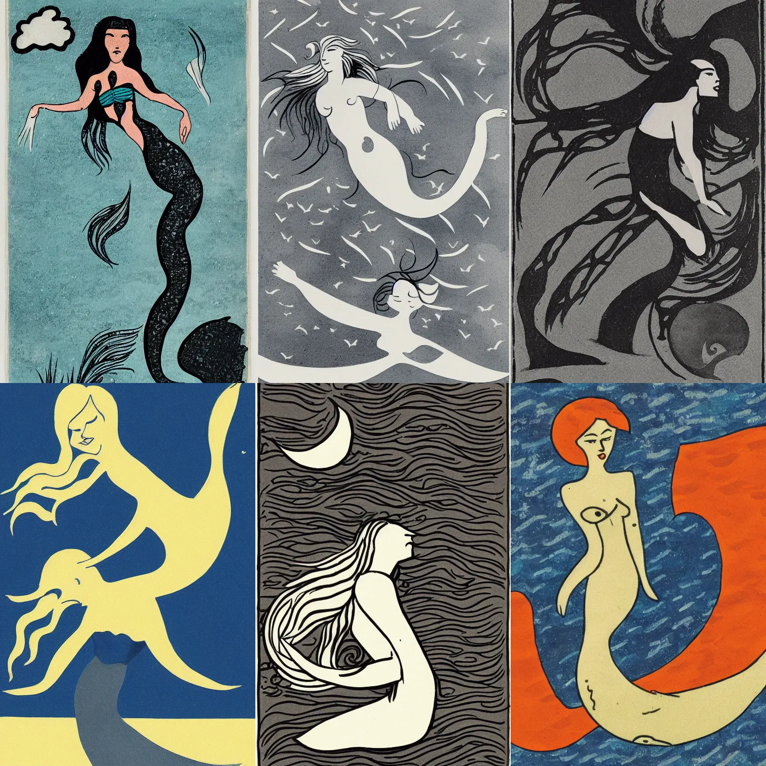 Prompt: illustration of a mermaid in a storm, bauhaus style