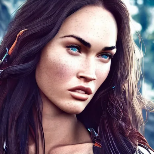 Image similar to megan fox portrait, horizon forbidden west, horizon zero dawn, photorealistic, ultra detailed, machines, octane, robots, nature background, cinematic lighting, studio quality, feature, scars, 8 k