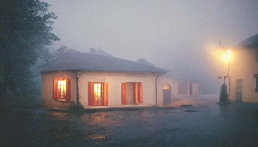 Prompt: 1 9 7 0 s movie still of a heavy burning french style little house in a small north french village by night, rainy, foggy, cinestill 8 0 0 t 3 5 mm, heavy grain, high quality, high detail, dramatic light, anamorphic, flares