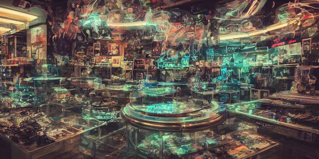 Prompt: a photo of a dirty alien shop, futuristic, holographic, 8k, sharp focus, Fujifilm