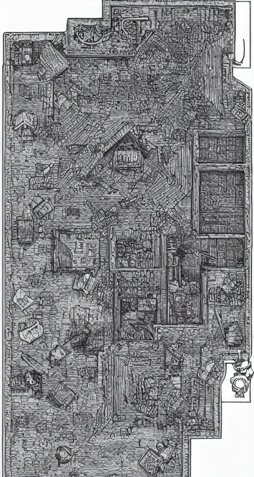 Image similar to a black and white isometric dungeon map. d & d. small dungeon layout. few rooms. high definition etching with complex details.