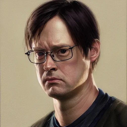 Image similar to hyper realistic, portrait of dwight shrute : : 2, ethnicity : japanese, epicanthal fold, painted by greg rutkowski, wlop, loish,
