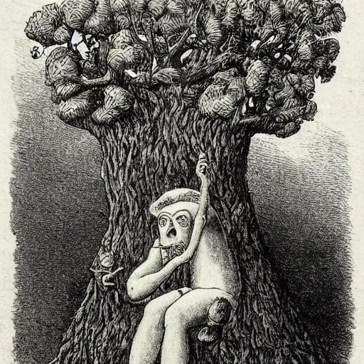 Image similar to tree with a human face smoking a cigarette, high detail, 1 9 th century illustration by john tenniel