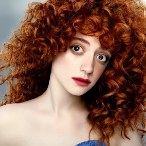 Image similar to curly ginger hair Emmy Rossum, realistic, photo studio, HDR, 8k, trending on artstation