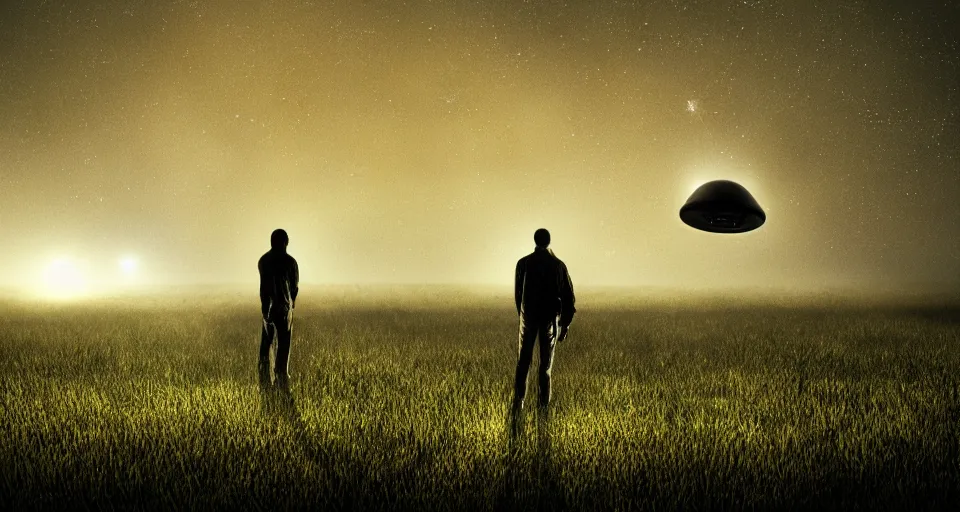 Image similar to Alien UFO abducting man in the middle of a field at night, atmospheric, symmetrical composition, artstation