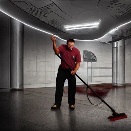 Image similar to a janitor using elon musk as a broom to clean the floor of a dirty empty planet, digital art, trending, award - winning, cinema