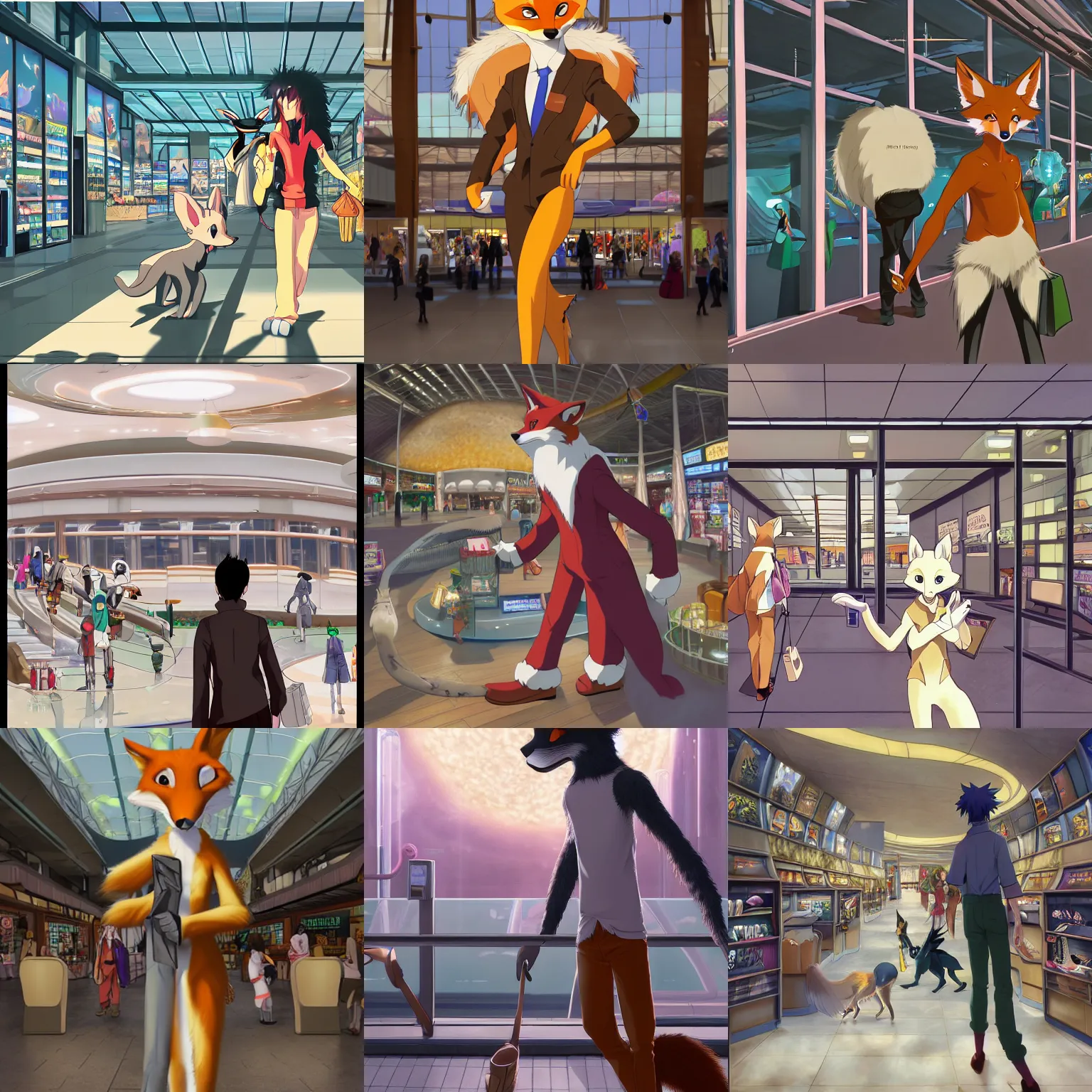 Prompt: anthro art commission of an anthropomorphic natural furry ( ( fox ) ) person shopping at a futuristic mall, photorealistic, key anime art, makoto shinkai, james gurney, don bluth, disney, hibbary, dark natasha, goldenwolf, furaffinity, fursona, greg rutkowsi