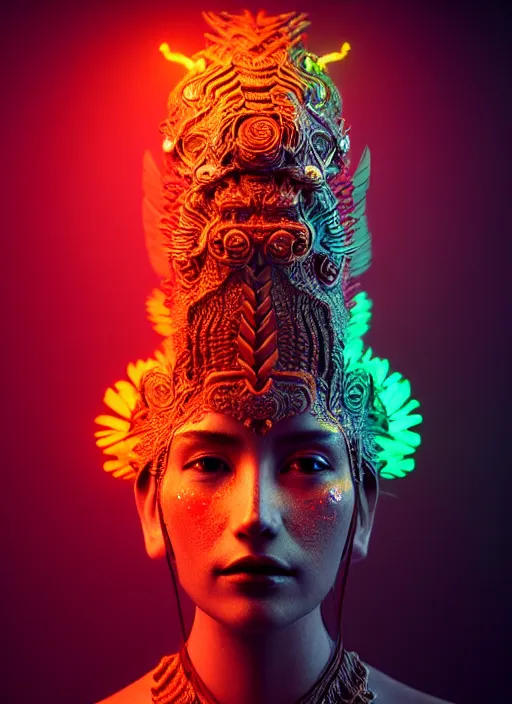 Image similar to 3 d mexican goddess medium shot portrait. beautiful intricate highly detailed quetzalcoatl helm and feathers. low - key lighting, bioluminescent, plasma, lava, ice, water, wind, creature, artwork by tooth wu and wlop and beeple and lee jeffries, 8 k trending on artstation,