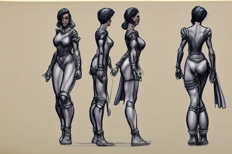 Image similar to a model sheet contaning a female mache hero in the front back and side views, proportions,