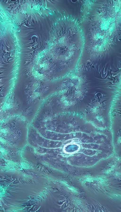 Image similar to 8 k uhd houdini recursive dna fractal structure, background bioluminescent swirling smoke wisps, natural palette, volumetric lighting, 1 8 mm lens