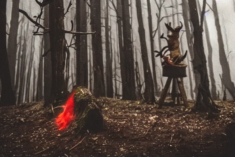 Image similar to terrible dark forest in the depths of which there is a large butcher chopping meat on a wooden stump from Dota 2 filmed hidden on a phone camera, Cinematic, wildlife photography, 35mm, photo on iphone