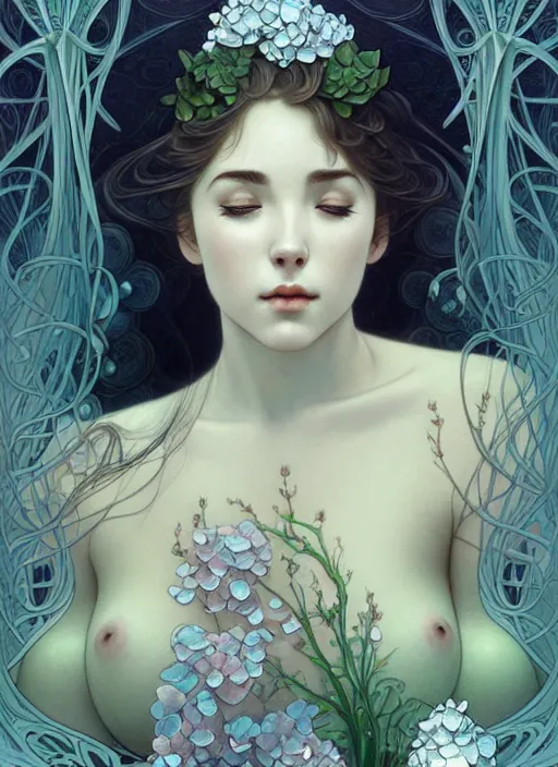 Image similar to an underwater photographic portrait of a seductive sleeping anthropomorphic hydrangea blossom, a perfect face!!!, fantasy, art nouveau, intricate, elegant, very very highly detailed, digital painting, artstation, concept art, smooth, super sharp focus, illustration, art by artgerm and h r giger and alphonse mucha