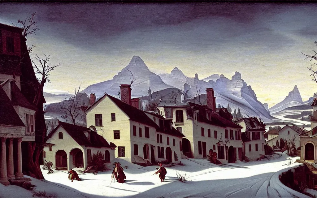 Image similar to in the style of gerald brom, caravaggio, asher brown durand, beautiful small town, houses and buildings, 1 8 0 0 s, cobblestone roads, mid day, winter, mountains in the distance