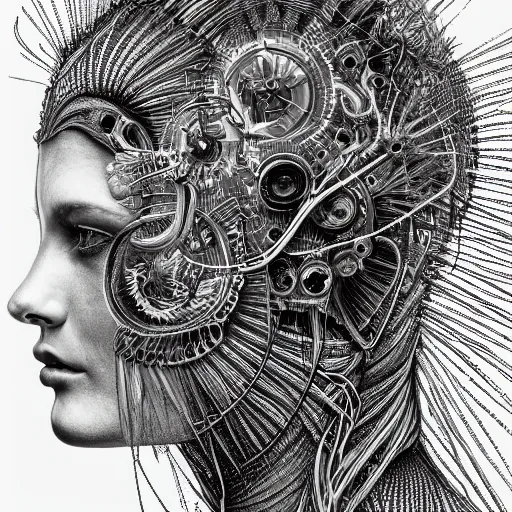 Prompt: hyper detailed bw linear pencil drawing, woman portrait, cyberpunk, organic symmetric shapes by ernst haeckel