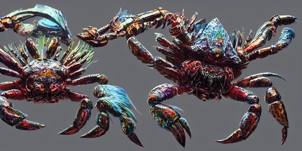 Image similar to Iridescent crab seamonster, character design sheet, Monster Hunter Illustrations art book, diamond sharp claws, huge arms, iridescent shards on its back, Moebius, Greg Rutkowski, Zabrocki, Karlkka, Jayison Devadas, Phuoc Quan, trending on Artstation, 8K, ultra wide angle, zenith view, pincushion lens effect.