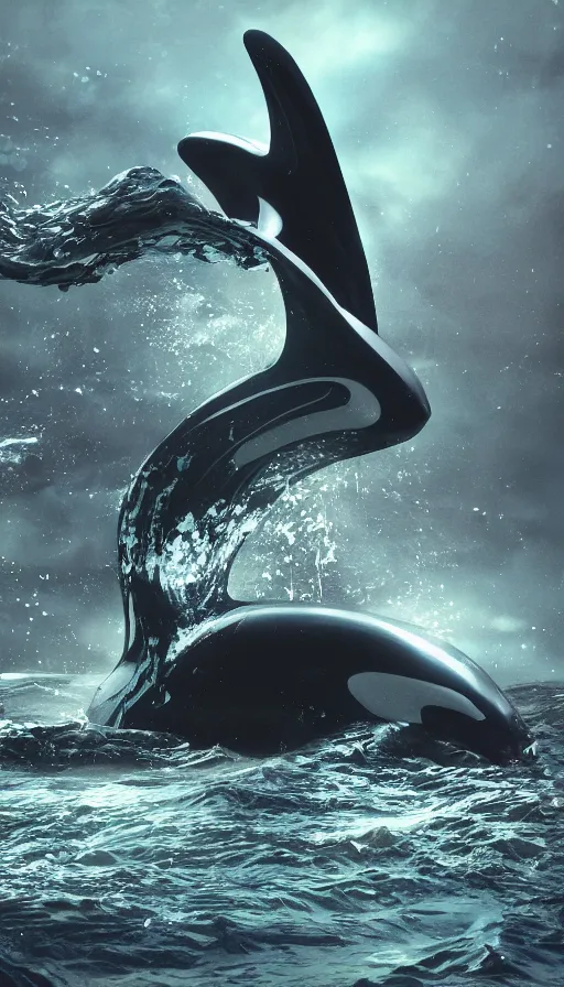 Image similar to color pentax photograph of a biomechanical orca spirit emerging from the sea, made up of bits of plastic and skin and metal, shiny, wet, made of nanomaterials, metallic, cyberpunk, post apocalyptic, hyper realistic, epic angle, beautiful composition, octane render, unreal engine render, 8k, super detailed, SLICK!!