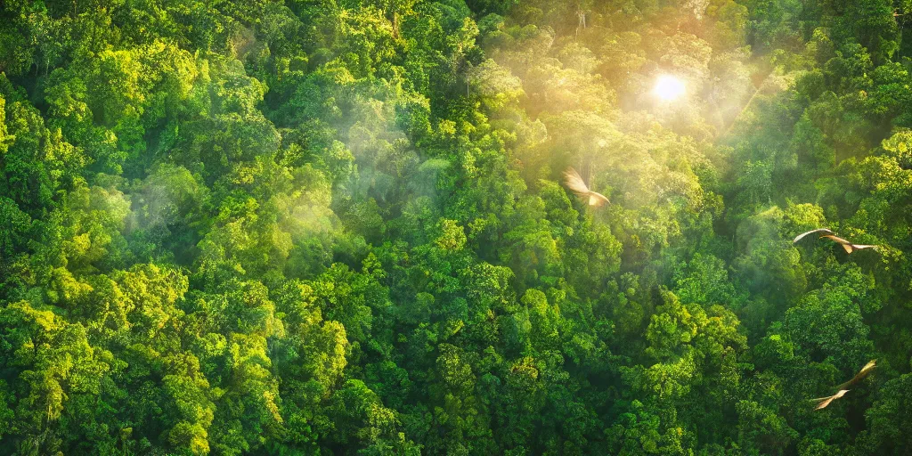 Image similar to view of sunlit rainforest treetops with flying birds, photograph, 4 k