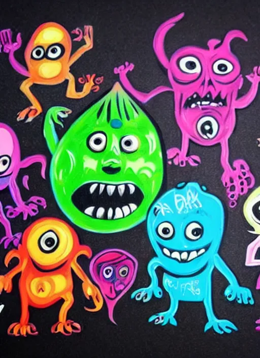 Image similar to beautiful graffiti monsters on black background paper