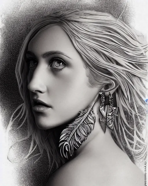 Image similar to tattoo sketch of beautiful greek goddess aphrodite with arrowhead earrings, beautiful feather jewelry, beautiful piercing eyes, flowing blonde hair, realistic face, hyper realistic, in the style of greg rutkowski, fantasy, amazing detail, epic, elegant, smooth, sharp focus, from the front