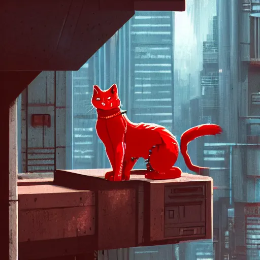 Prompt: a red cat sitting on steel beam high above the ground, cyberpunk, bladerunner, futuristic, studio ghibli, anime, smooth, trending on artstation