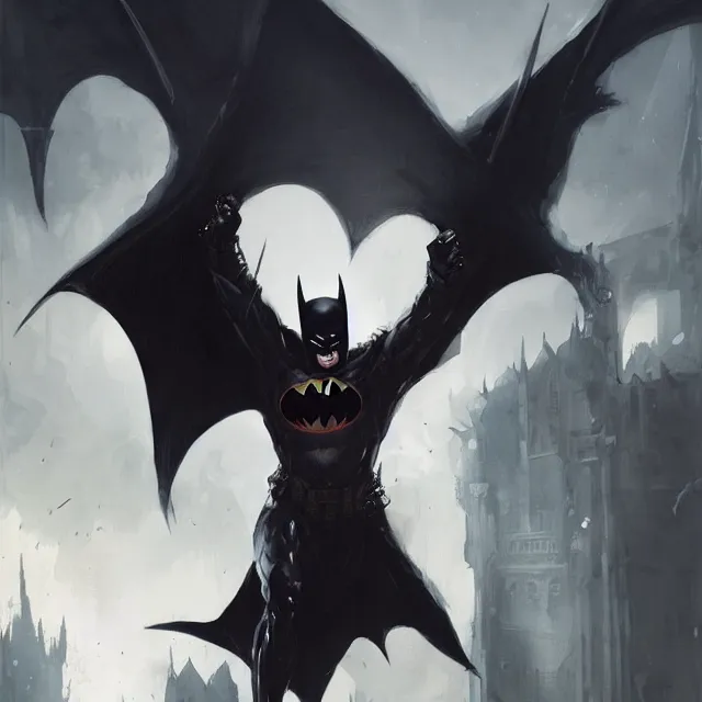 Prompt: a painting of a demonized batman by greg rutkowski, dark fantasy art, high detail, trending on artstation