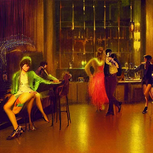 Image similar to young people in a fancy nightclub dancing and drinking, partylights, great colors, in the style of john atkinson grimshaw, trending on artstation