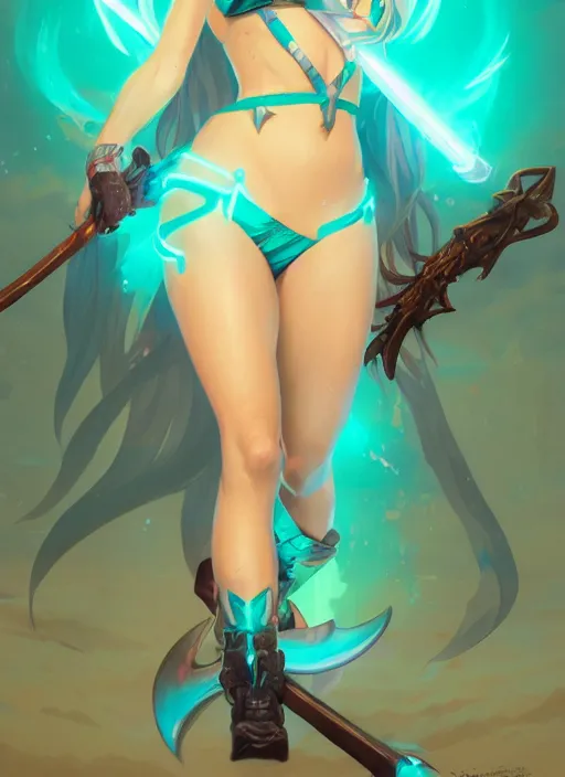 Image similar to Anime in Bikini with Battleaxe glowing emanating teal energy, dungeons and dragons portrait, highly detailed, digital painting, artstation, concept art, sharp focus, illustration, art by artgerm and greg rutkowski and alphonse mucha, Unreal Engine, 8k, HD