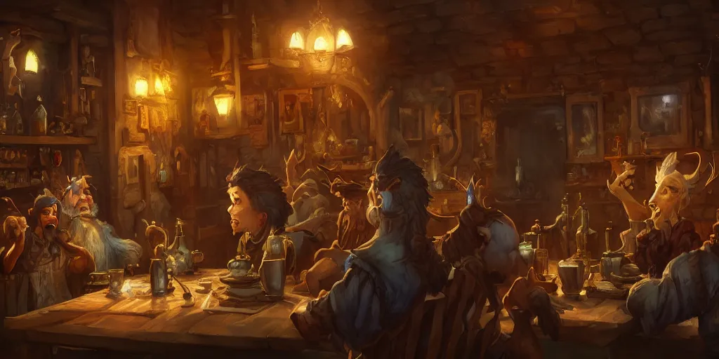 Image similar to tavern scene, cinematic, Victorian, by Tony Sart and Anato Finnstark, illustration, concept art, award winning on Artstation, deviantart