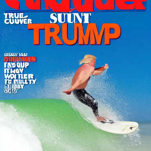 Image similar to donald trump catching a wave, cover of surfer magazine, july 2 0 1 1