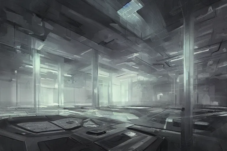 Image similar to “Black Mesa interior before the resonance cascade, HD, digital painting, concept art by Jason Chan”