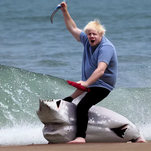 Prompt: boris johnson riding a shark at the beach