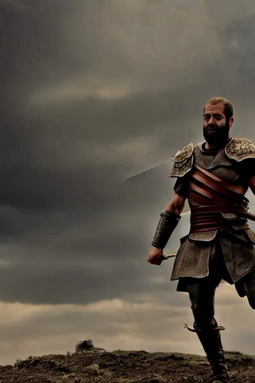 Image similar to cinematic action shot of joe biden as leonidas sword fighting in 3 0 0 movie, 8 k, epic moody sky, dramatic lighting