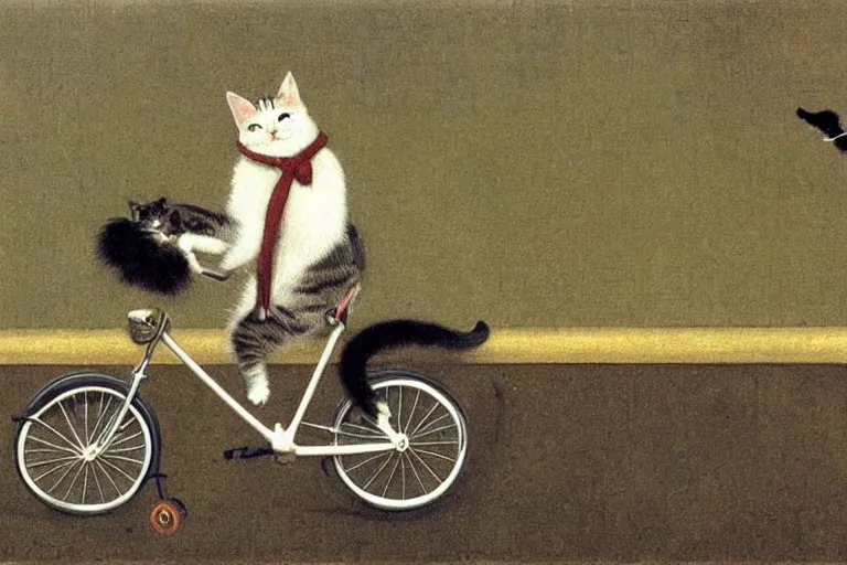 Prompt: a cat driving a bicycle, an illustration by michael sowa