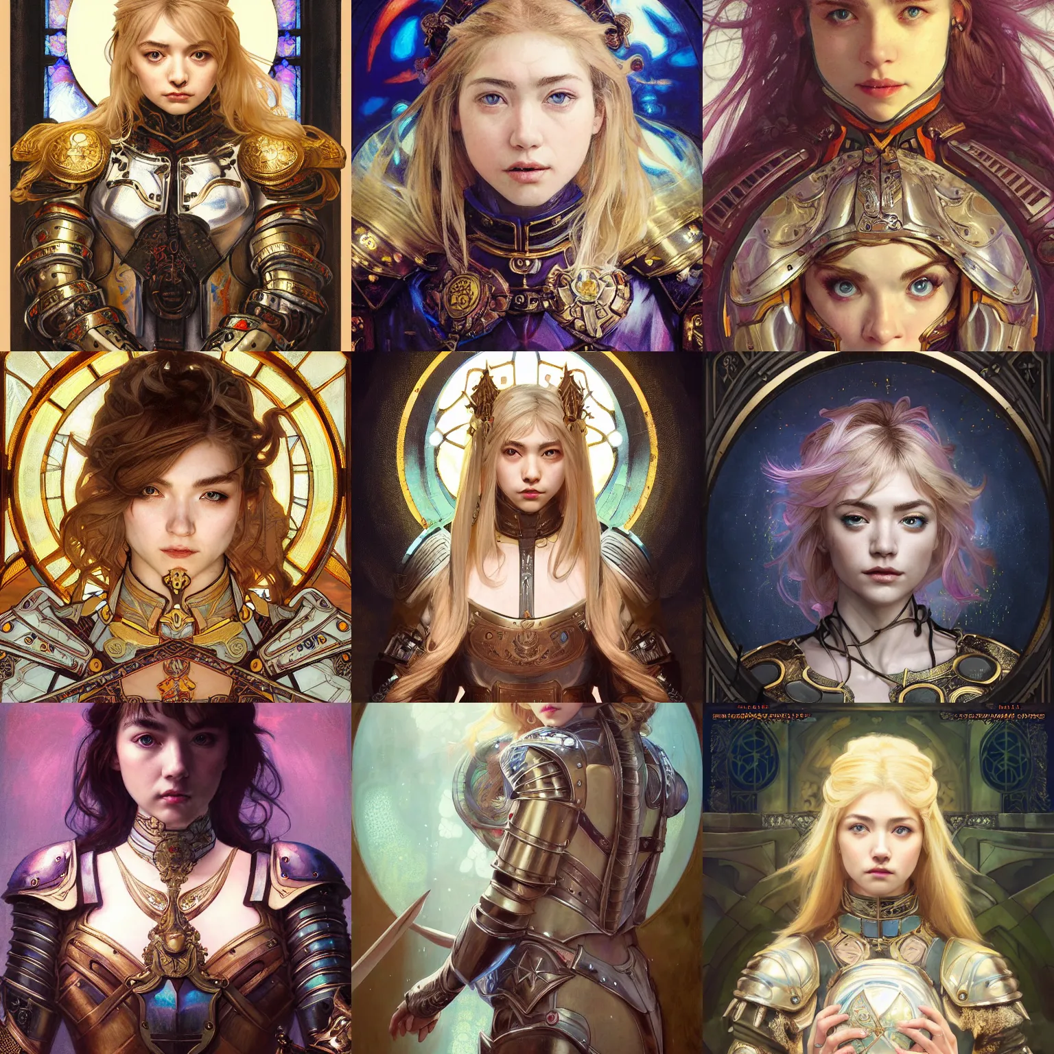 Prompt: masterpiece head-on symmetrical centered painted portrait, Imogen Poots as a paladin, D&D class, blonde hair, glorious, wearing full metal armour, glowing stained glass backdrop, elegant, in the style of Ruan Jia and Artgerm and Edgar Maxence and Ross Tran and Alphonse Mucha and Ayami Kojima and Charlie Bowater and Greg Rutkowski and Karol Bak and Jean Delville, Art Nouveau, Pre-Raphaelite, Neo-Gothic, gothic, Art Nouveau, rich deep moody colors, 8k, specular highlights, octane render