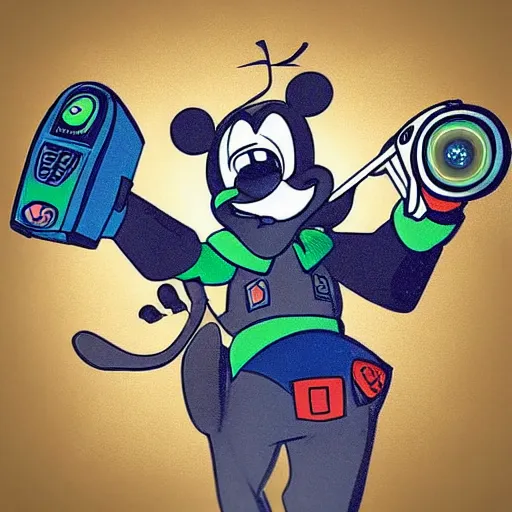 Image similar to “portrait of a cartoon animal, Disney style, pointing a laser gun at the camera”