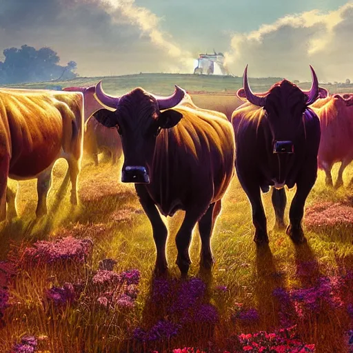 Image similar to herd of cows in a field, ultrafine highly detailed hyper colorful illustration, sharp focus, rozalski, craig mullins, federico pelat, unreal engine highly rendered, global illumination, radiant light, intricate and detailed environment