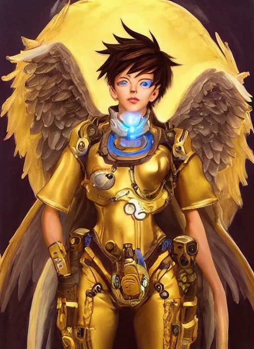 Image similar to full body oil painting of tracer overwatch in the style of sophie anderson, angel wings, angelic golden armor, dramatic painting, symmetrical composition, ornate, golden chains, high detail, gold detailed collar!!!!!, blooming, angelic, lights, flowers, heavenly, bright, detailed face,