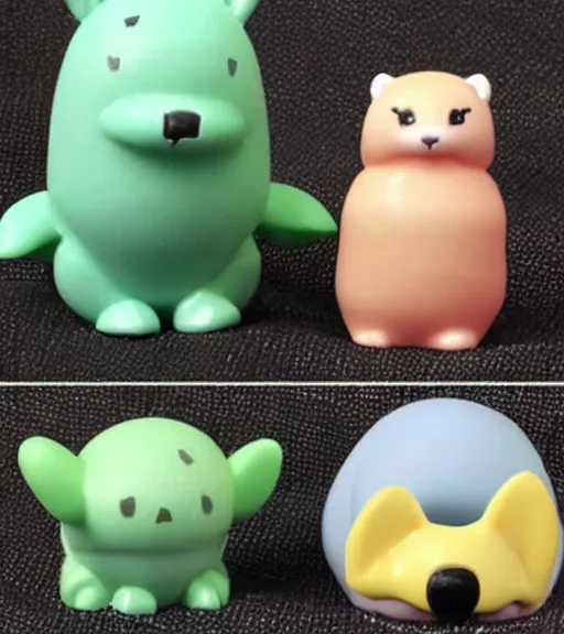 Image similar to some cute plastic toys that look like animal characters, pastel colors