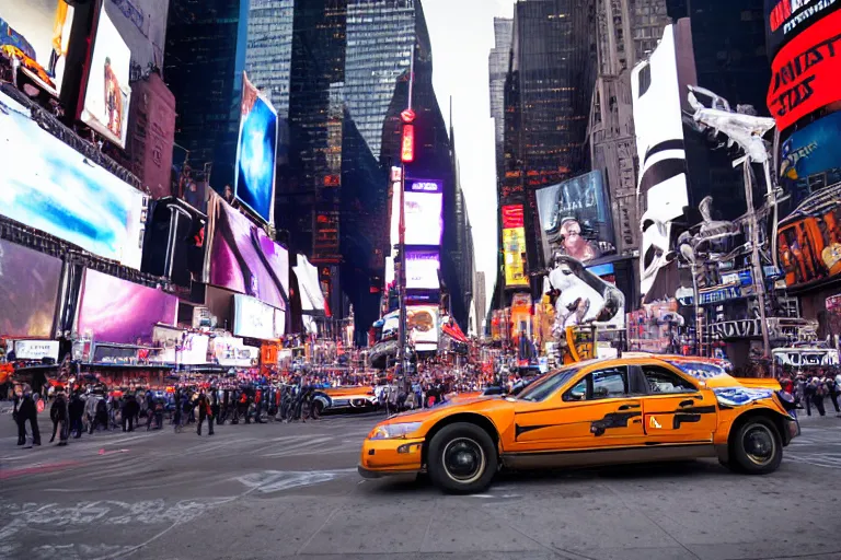 Prompt: Cinematography of a star wars pod racing in times square in new york by Emmanuek Lubensky. Sebulba pod. Anakin skywalker pod