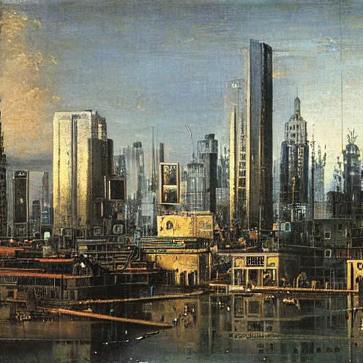 Prompt: cyberpunk city, oil painting by canaletto