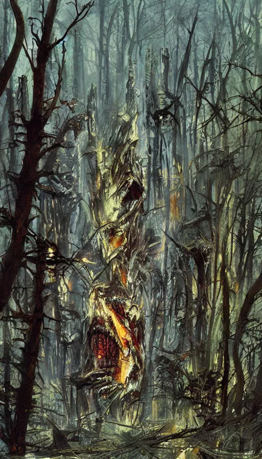 Image similar to a storm vortex made of many demonic eyes and teeth over a forest, by john berkey