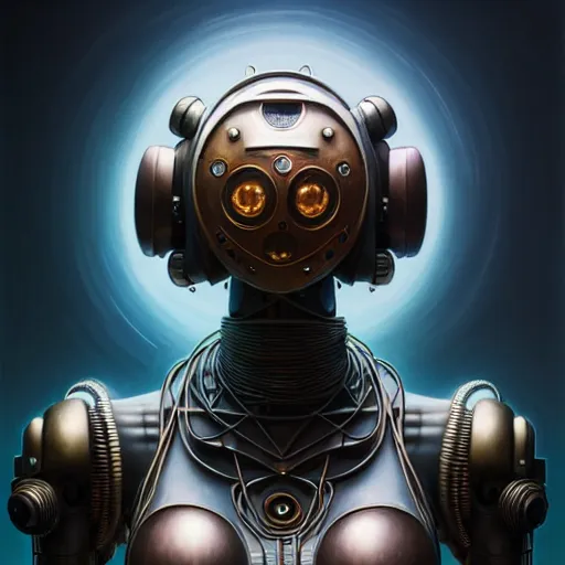 Image similar to low angle shot of a cyberpunk gazmask robot character, intricate, elegant, highly detailed, centered, digital painting, artstation, concept art, front shot, smooth, sharp focus, illustration, artgerm, Tomasz Alen Kopera, Peter Mohrbacher, donato giancola, Joseph Christian Leyendecker, WLOP, Boris Vallejo