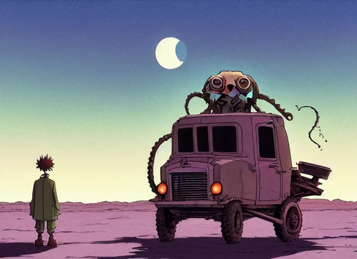 Image similar to a cell shaded cartoon of a lovecraftian mechanized sloth from howl's moving castle ( 2 0 0 4 ), on a desert road, in front of a pale full moon, full body, wide shot, very dull muted colors, studio ghibli, laurie greasley, highly detailed, deviantart, art by artgem