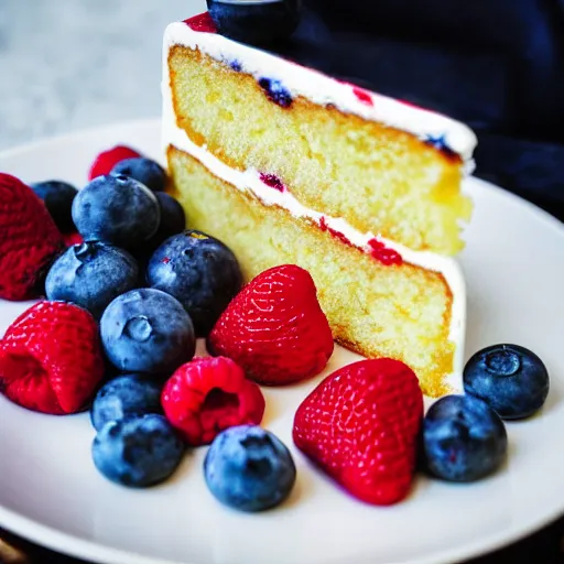 Image similar to A photo of a cake from the side with cream on the sides and strawberries, raspberries and blueberries in circles on top. Sun in back. 4K. Cinematic lighting. High detail. Realistic. Delicious