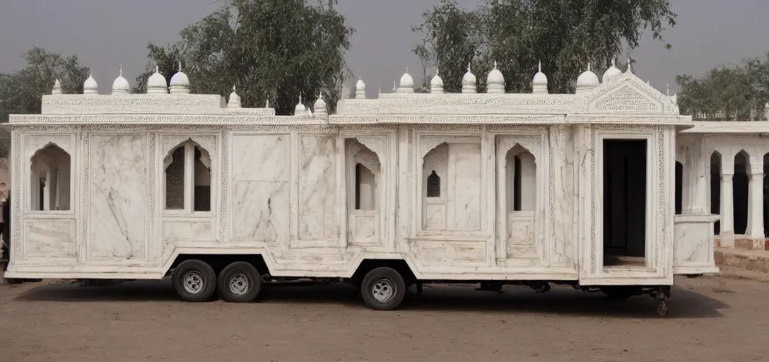 Prompt: islamic and indian - inspired ivory - white marble tiny house / mausoleum on trailer in agra, india